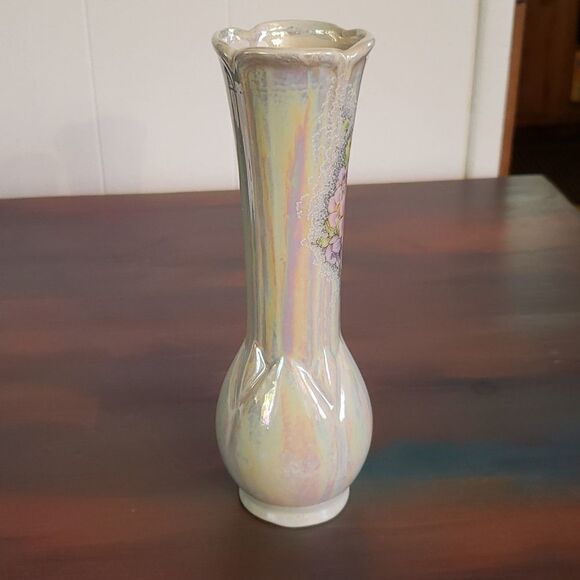 Vintage Iridescent Bud Vase with Floral Design - Picture 4 of 9